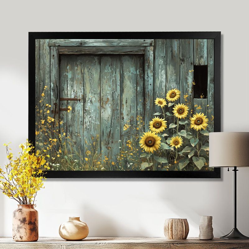 «Dumaka Sunflowers By The Barn Door II» - Art mural tournesols, Reproduction encadrée d'une seule photo, H 12 po x l 20 po