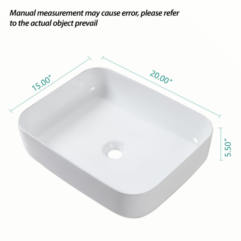 20X15 Inch White Ceramic Rectangular Vessel Bathroom Sink