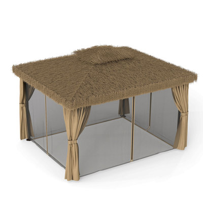 Pavillon de jardin extérieur - Toit de chaume de style hawaïen, auvent double, structure en aluminium avec moustiquaire et rideau d'intimité