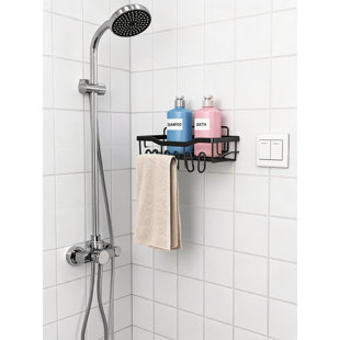 Black Adhesive Shower Caddy with Towel Bar, No Drill Wall Mounted Bathroom Storage Shelf with Hooks, Rustproof Stainless Steel Organizer for Shower Essentials