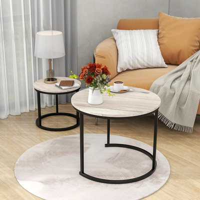 Round Nesting Coffee Table Set Of 2, Center Tables For Living Room, Office Or Small Spaces, Stackable Side Tables With Wood Desktop, Easy Assembly (Bl