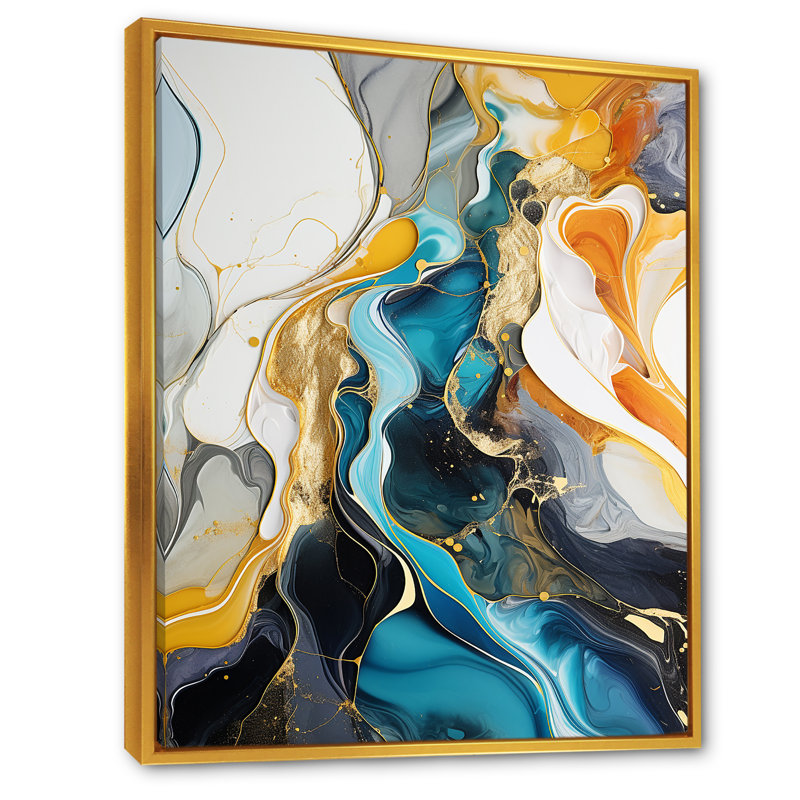 «Blue» et «Yellow Ink Ink Abstraction Harmony I», art mural abstrait à encre liquide, Cadre flottant doré