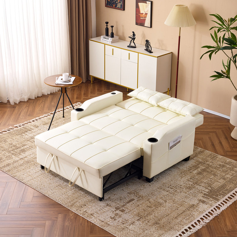 Tufted Upholstered Cat's Claw Leather Loveseat Recliner Sleeper Couch Pull Out Sofa Sofa Bed, Beige
