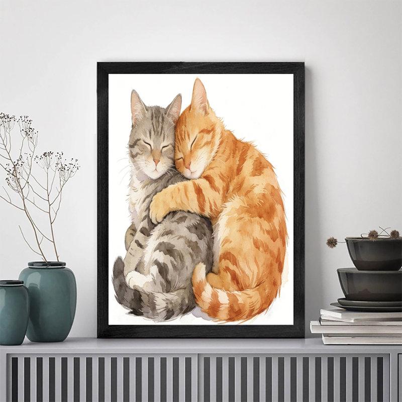 Reproduction d'art encadrée noire de chats rétro se blottissant ensemble, H 37 po x l 25 po