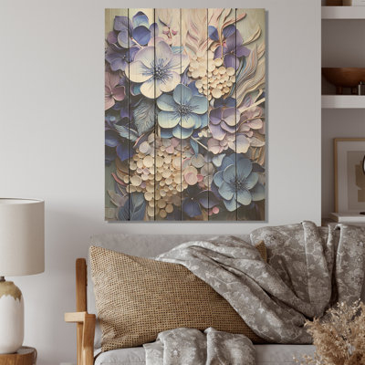 Mixed Media Hydrangea Fusion - Hydrangea Wood Wall Art On Natural Pine Wood