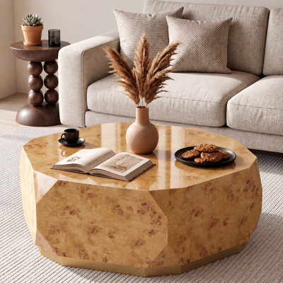 39" Natural Burl Solid Wood Drum Coffee Table