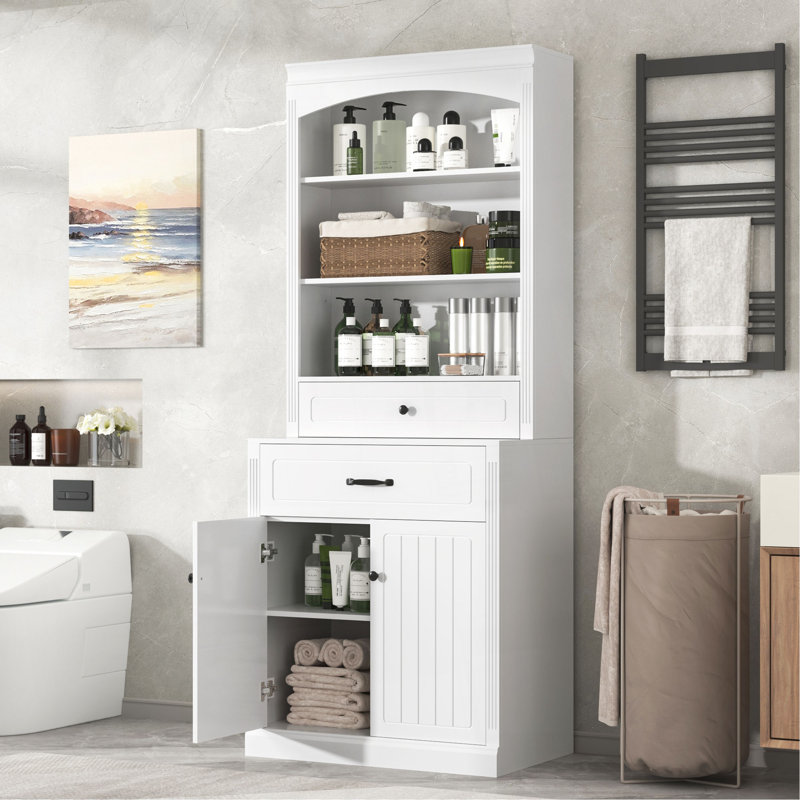 White Bathroom Storage Cabinet With Four Doors, Drawers, Adjustable Shelf & Six Open Shelves – Durable MDF Construction, Combo