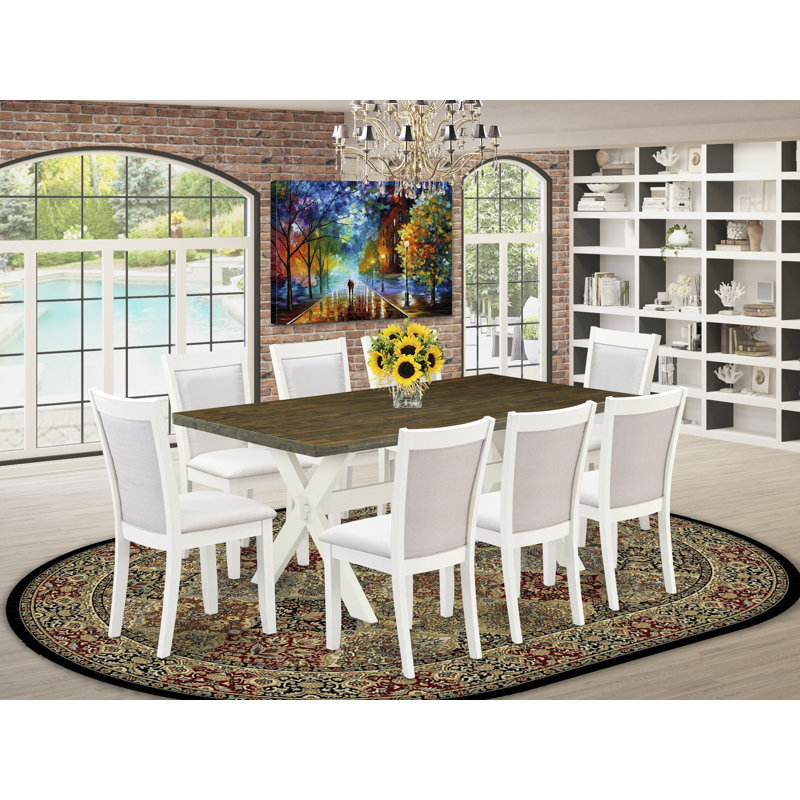 9 Piece Dining Room Table Set Includes a Rectangle Dining Table with X-Legs and 8 Cream Linen Fabric Upholstered Parson Chairs, 40x72 Inch
