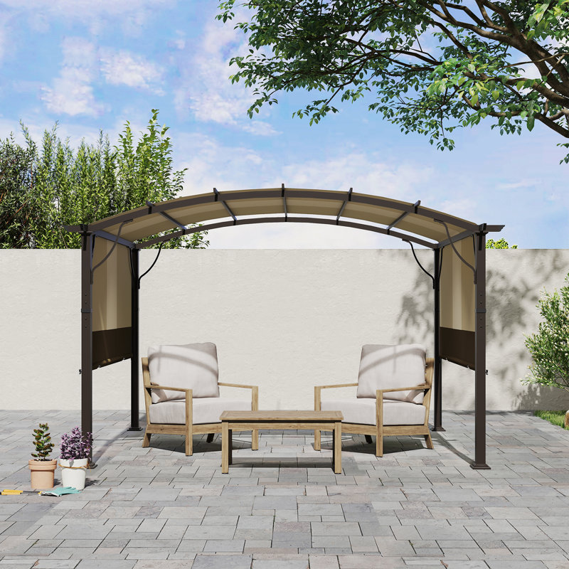 Aluminum Outdoor Pergola with Slightly Arched Canopy and Retractable Shade, Brown, 9.1 ft x 9.1 ft