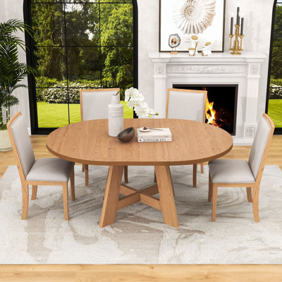 5-Piece Extendable Round Dining Set with A Removable Leaf and 4 Upholstered Chairs