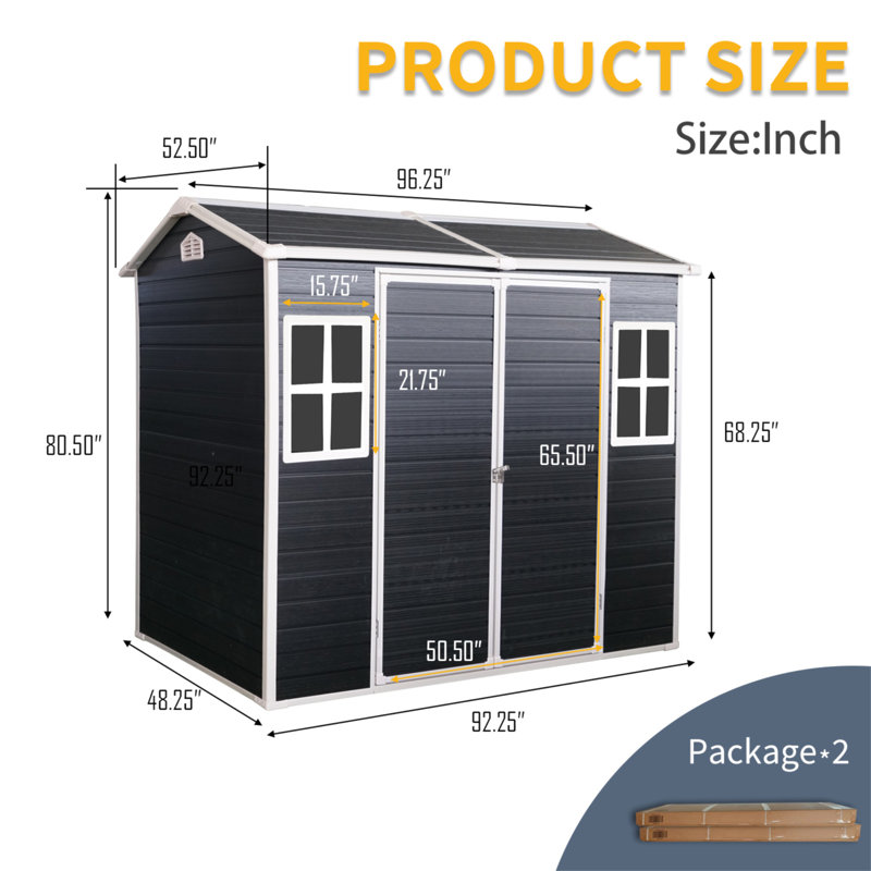 4X8ft Resin Outdoor Storage Shed With Two-Window And Double-Door,Plastic Shed With Floor For Gargen,Patio,Yard,Lawn, Black