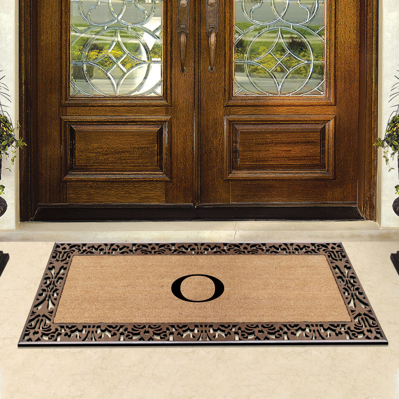 Dyari Natural Coir & Rubber Paisley Border Monogram Non-Slip Door Mat, 30"x60", Bronze, Heavy-Duty Low-Profile Outdoor Front Porch