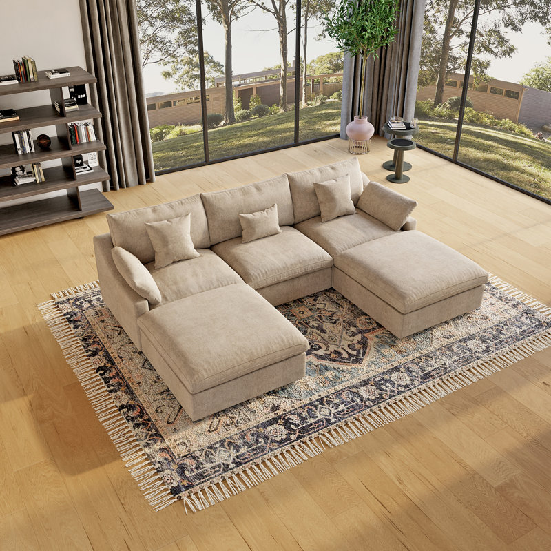 Elowen U-Shaped Modular Sectional Plush Sofa With Movable Ottoman, Kaki