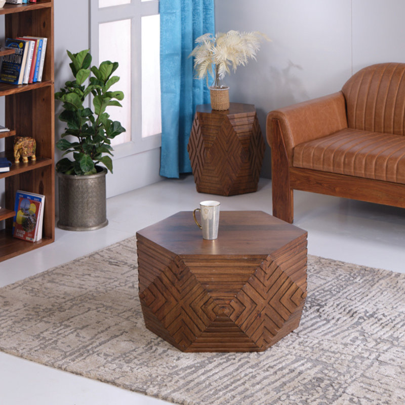 PERRIN Hand-Carved Solid Wood Hexagonal Coffee Table