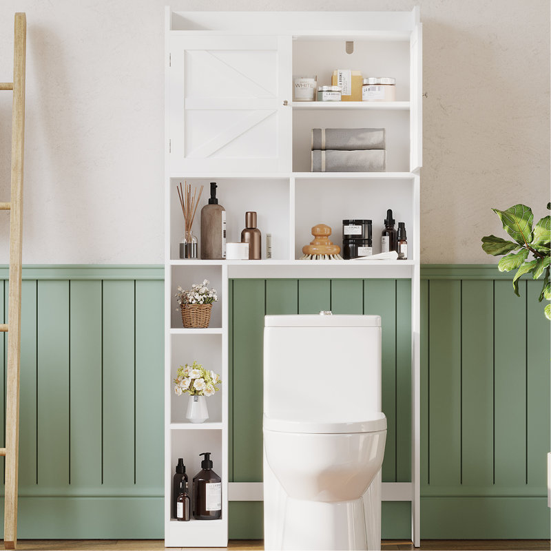 Organisateur de toilette pour salle de bain avec tablette réglable, portes doubles, tablettes ouvertes, blanc, rangement pour articles