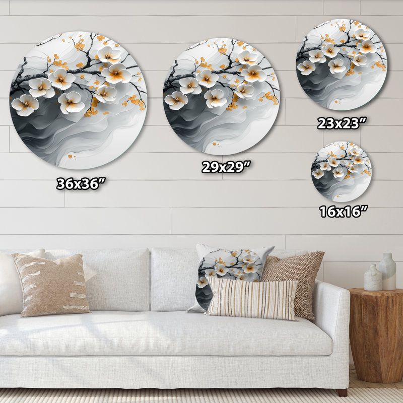 Velours fleur de cerisier noir I - décoration murale ronde en métal Cherry Blossom, H 23 po x l 23 po