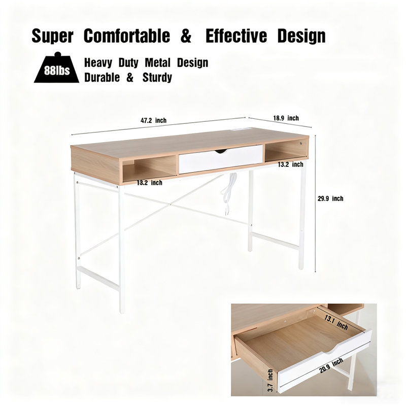Desk with Built-in Outlets - Modern Office Desk with USB Charging Ports, Oak/White