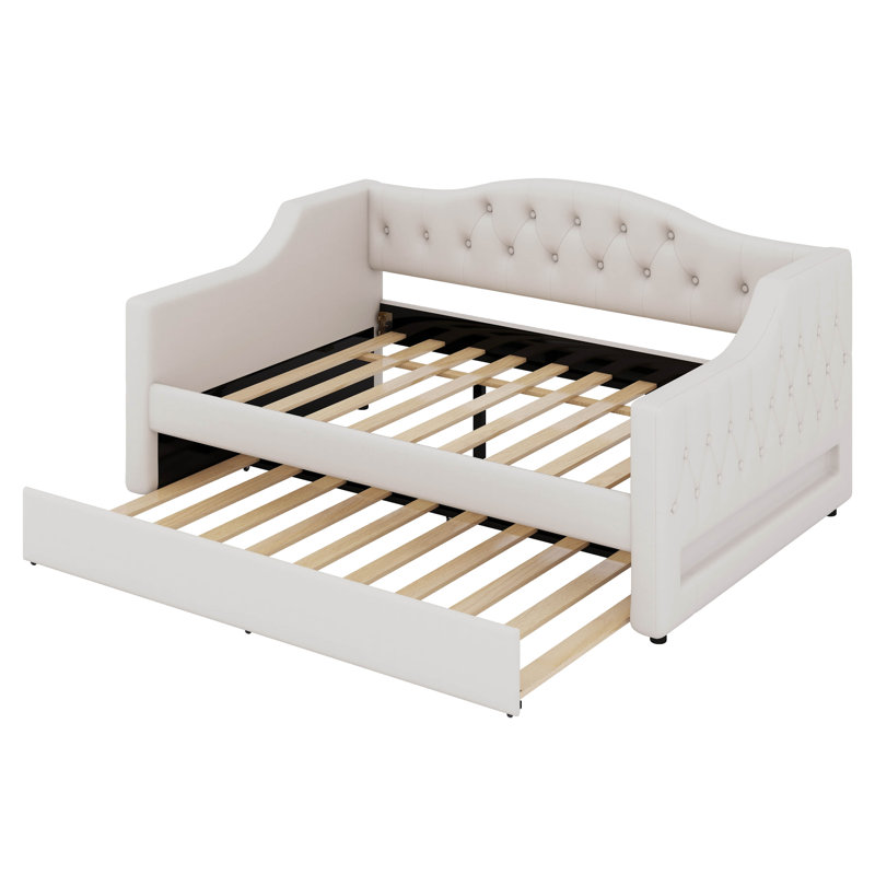 Lit de jour avec couchette et DEL, structure de lit de jour rembourrée en lin avec dossier capitonné, Double XL, Beige