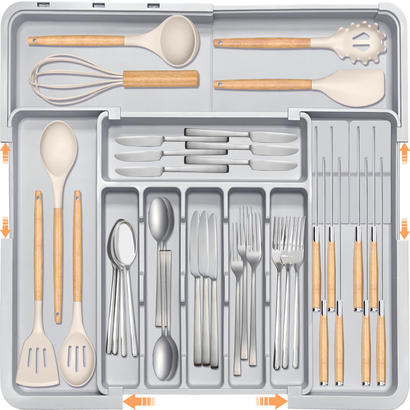 Organisateur de tiroir Silverware pour la cuisine, organisateur de tiroir ajustable pour ustensiles avec 2 porte-couteaux, couverts sans BPA et porte-couverts, rangement en plastique extensible pour cuillères, couteaux et fourchettes (gris)
