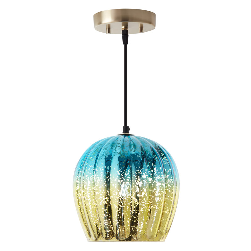 Luminaire suspendu en verre au mercure ombré de 9 po de l or et bleu sarcelle Maybrit