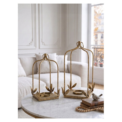 Ensemble de 2 lanternes arquées en fer vieilli avec détails en forme de feuille, grands et petits bougeoirs pour la décoration intérieure et extérieure