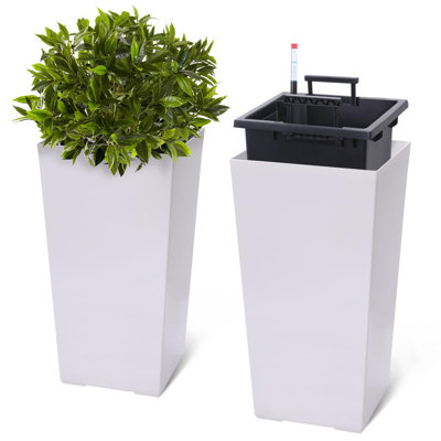 Tall Planters Set of 2 - Outdoor & Indoor Planter Pots with Drainage Holes, Water Level Monitor, Inner Bucket, and Automatic Watering for Front Porch