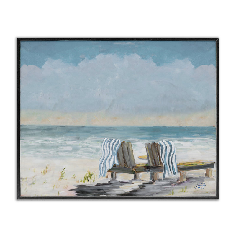 «Peaceful Beach Chairs», estampe numérique par Julie DeRice, H 11 po x l 14 po, Giclée encadrée noir minuit
