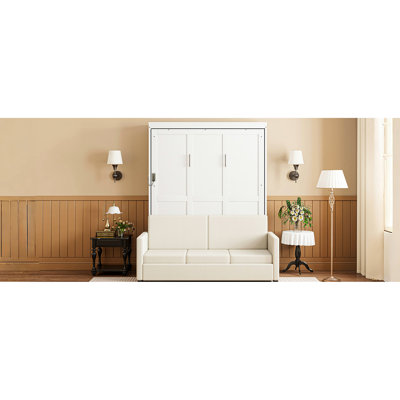 Lit double blanc avec coussin et lit - Fusion, espace pour, rangement simple, l 65,6 po x l 83,6 po H, élément mural multifonctionnel, idéal pour une vie en appartement, rangement efficace