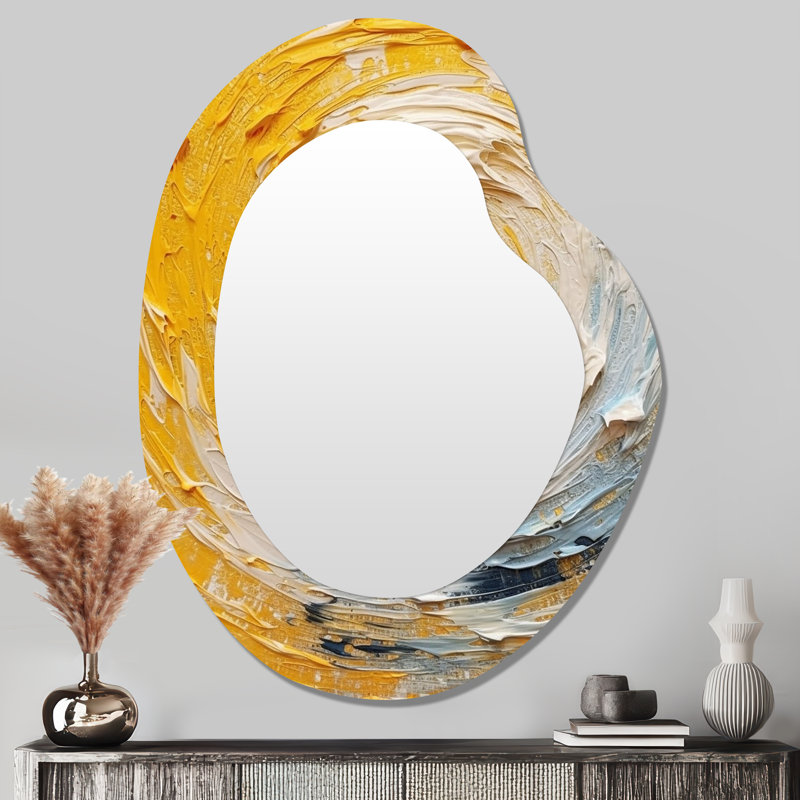 Jaune crème harmonie spirale - miroir décoratif asymétrique spirales abstraites, miroir mural de forme unique moderne, art imprimé en métal
