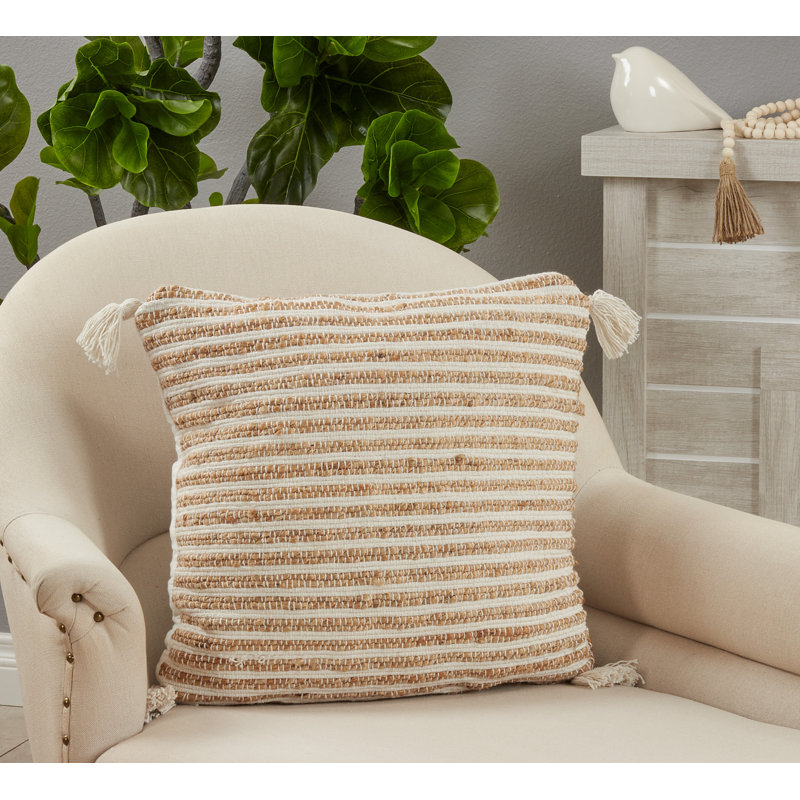 Beige and White Striped Cotton Tassel Throw Pillow