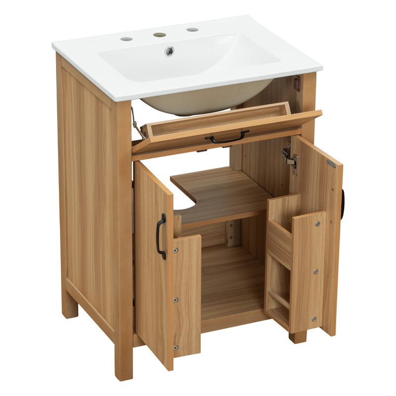 Single Bathroom Vanity with Ceramic Top, Solid Wood Frame, Flip Drawer, and 2 Soft-Close Door, 24"