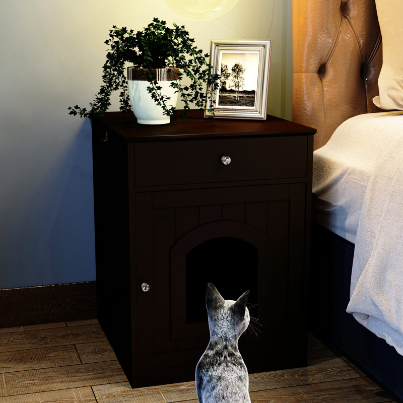 Enceinte de litière en bois pour chat avec table d'appoint et tiroir, cage intérieure pour animal, support de maison brun pour table d'animaux