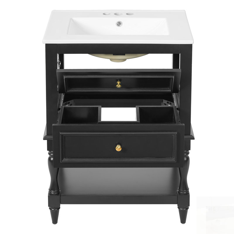 Meuble-lavabo rétro avec lavabo en céramique, deux tiroirs et tablette ouverte pour un rangement efficace et un décor élégant.