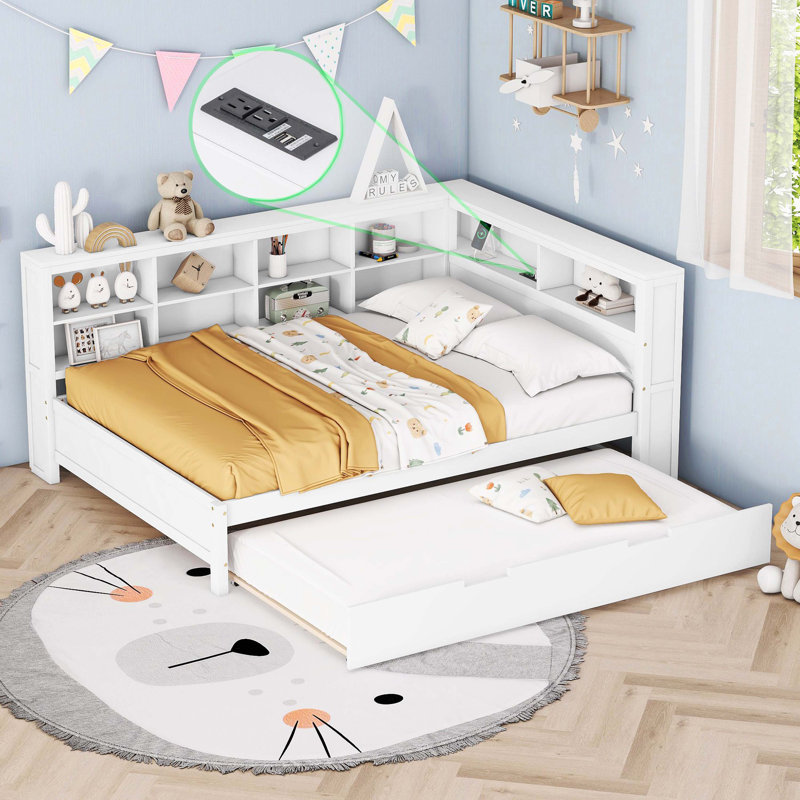 White Wooden Full Size Daybed With Twin Size Trundle, Storage Shelf & USB Charging Ports, White, Full