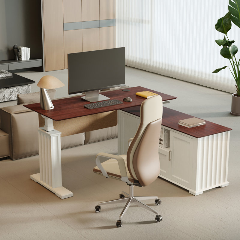 Ashantey 60" L-Shaped Executive Electric Standing Desk with Fluted Roman Legs, Privacy Modesty Panel and Wire, Brown