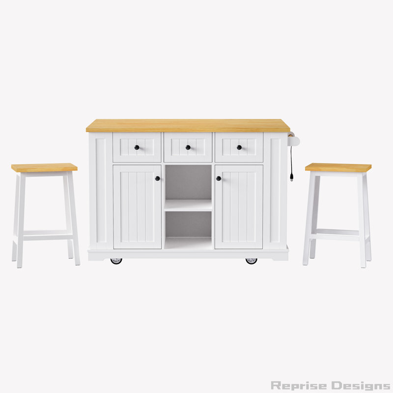53inch Large Kitchen Island with 2 Bar Stools,Drop Leaf and Power Outlet, White