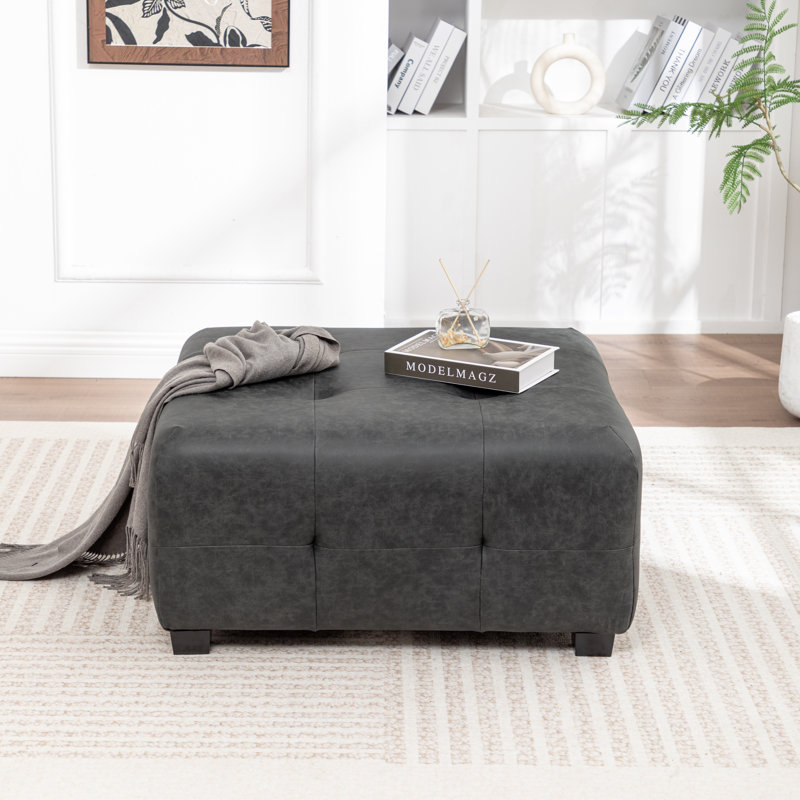 Ashyiah 32'' Wide Upholstered Tufted Ottoman, Vintage Black Polyester