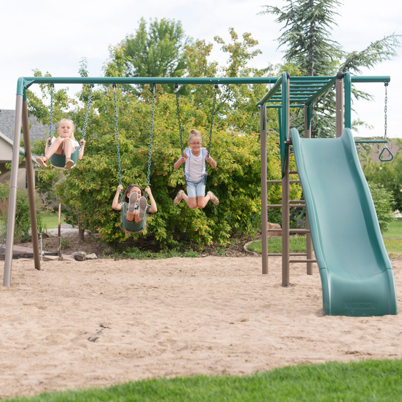 Green and Brown Metal Monkey Bar Swing Set with Slide