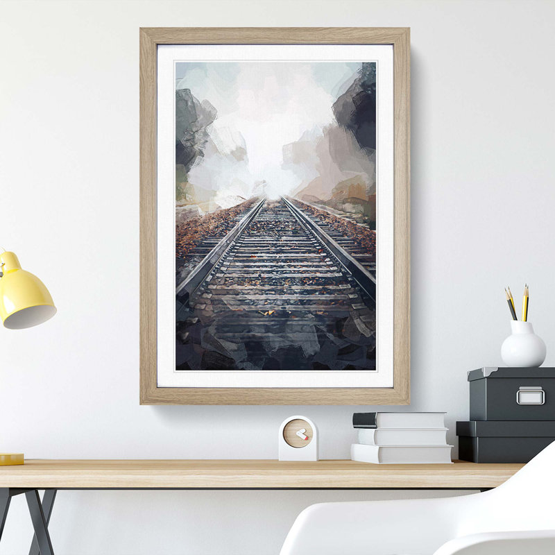 Train Tracks in the Mist in Abstract - Picture Frame Graphic Art Print, Oak, 91cm H x 60cm W x 2cm D