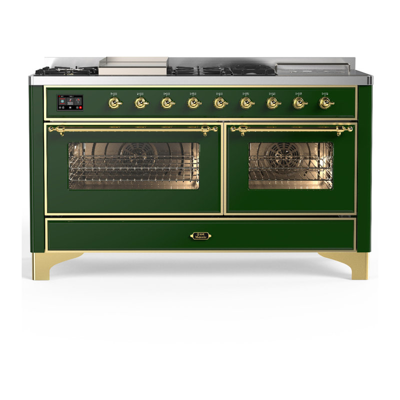 Majestic III Series 60 Inch Dual Fuel Range with 7 Sealed Burners, Griddle, Frenchtop in Emerald Green (Liquid Propane, Brass Trim)