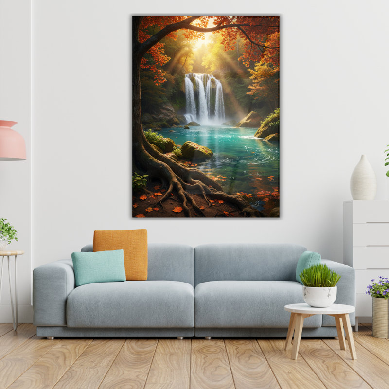 Tableau mural en verre trempé avec cascade en forêt d'automne, H 12 po x l 8 po