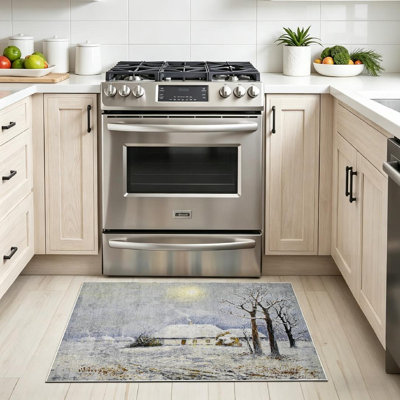 Blue Machine Washable,Oil Rural Landscape Winter Old Village Fine Art Artist Beautiful Brush Indoor Area Rug