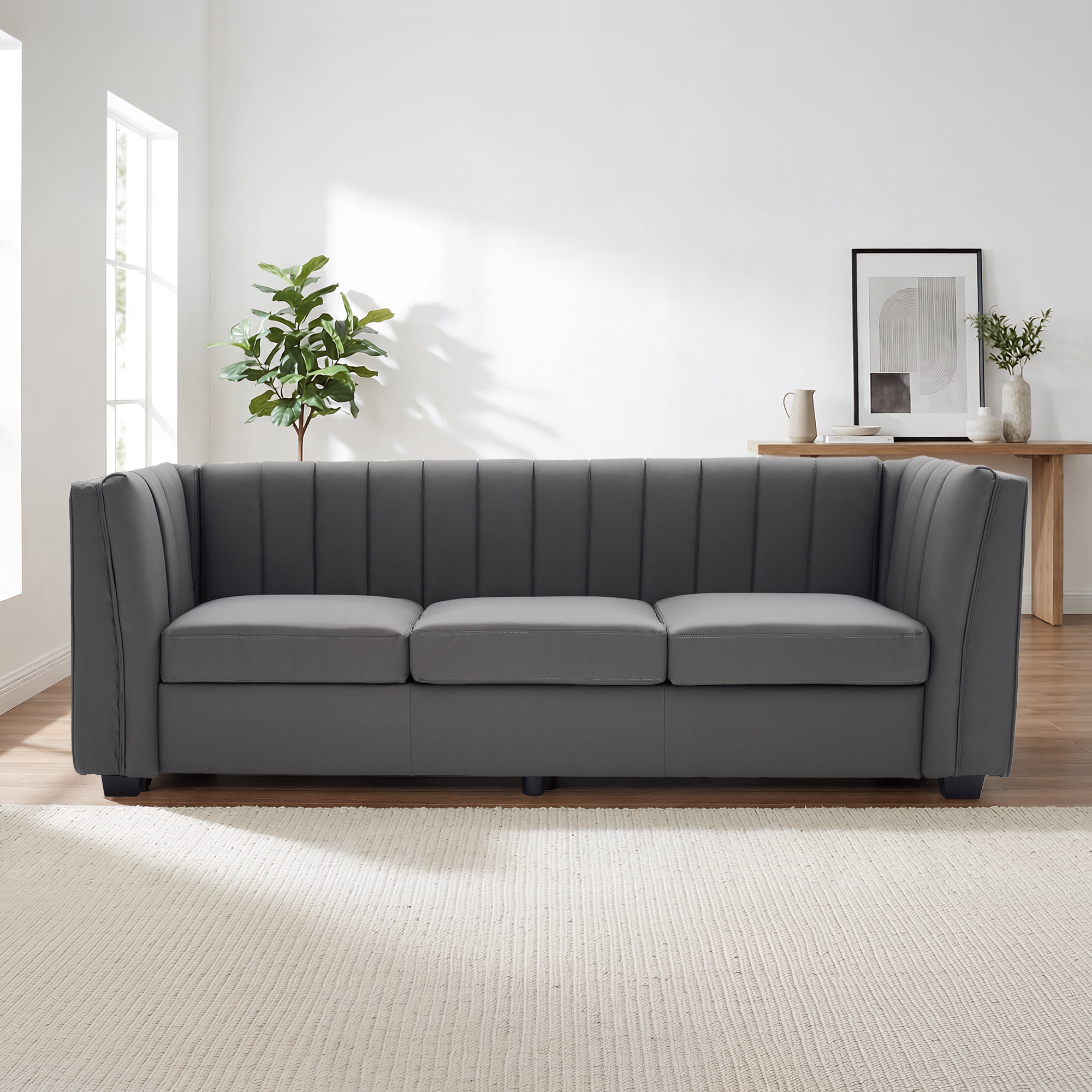 Allard Velvet Living Room Sofa, Gray Faux Leather