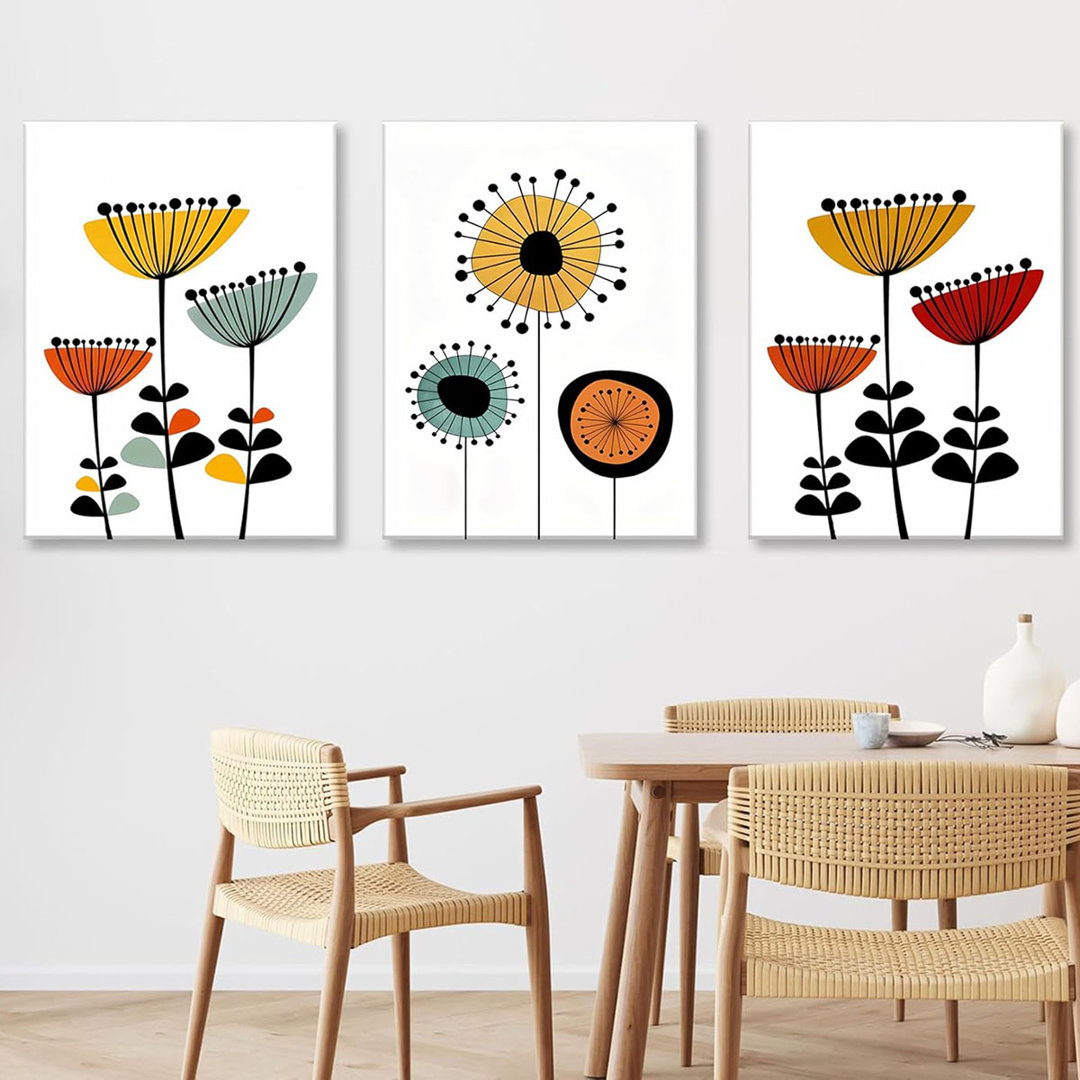 3Pcs Framed Abstract Boho Floral Wall Art Vibrant Canvas Posters And Prints Modern Flower Paintings Pictures Artistic Wall Decor For Bedroom Living Ro