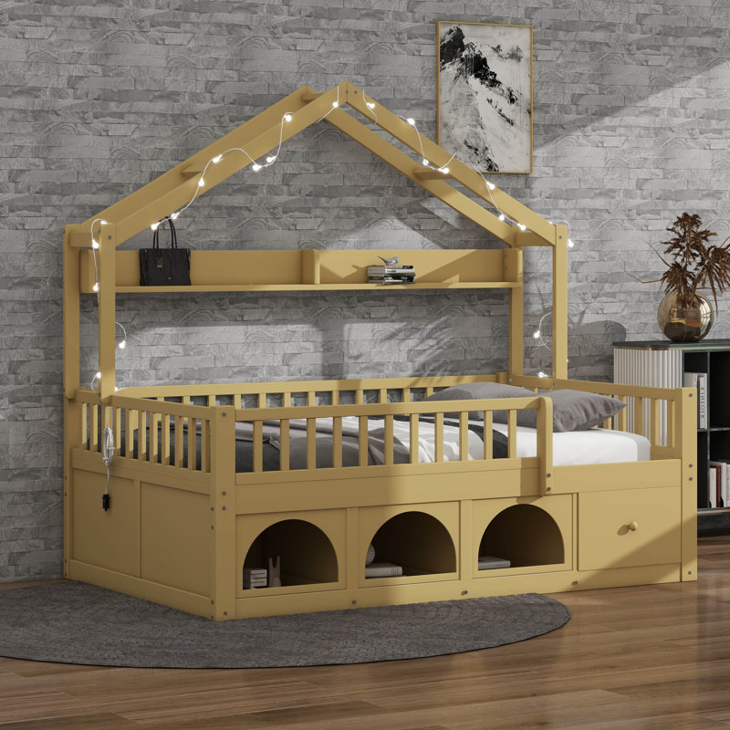 Structure de lit en bois avec toit et lumières DEL, lit avec tiroir de rangement et tablettes, garde-corps de sécurité