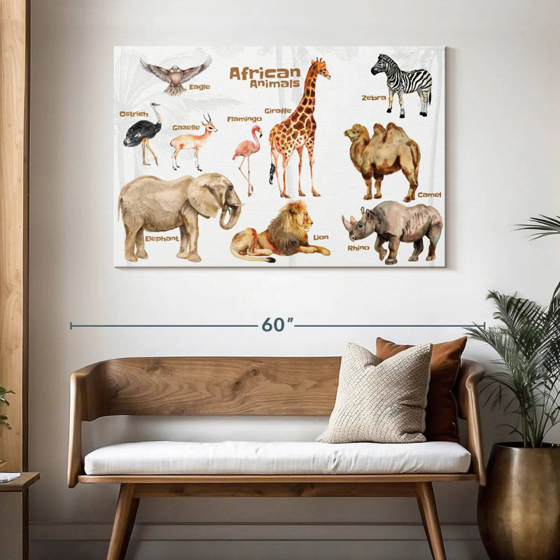 Tableau des animaux d'Afrique Brampt, H 32 po x l 48 po