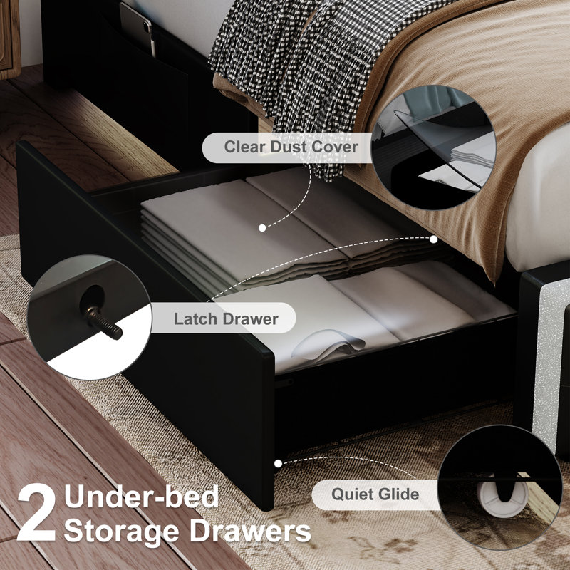Diamond Button Tufted Bed Frame with LED Headboard Footboard & 2 Drawers Side Pockets, Black, Full