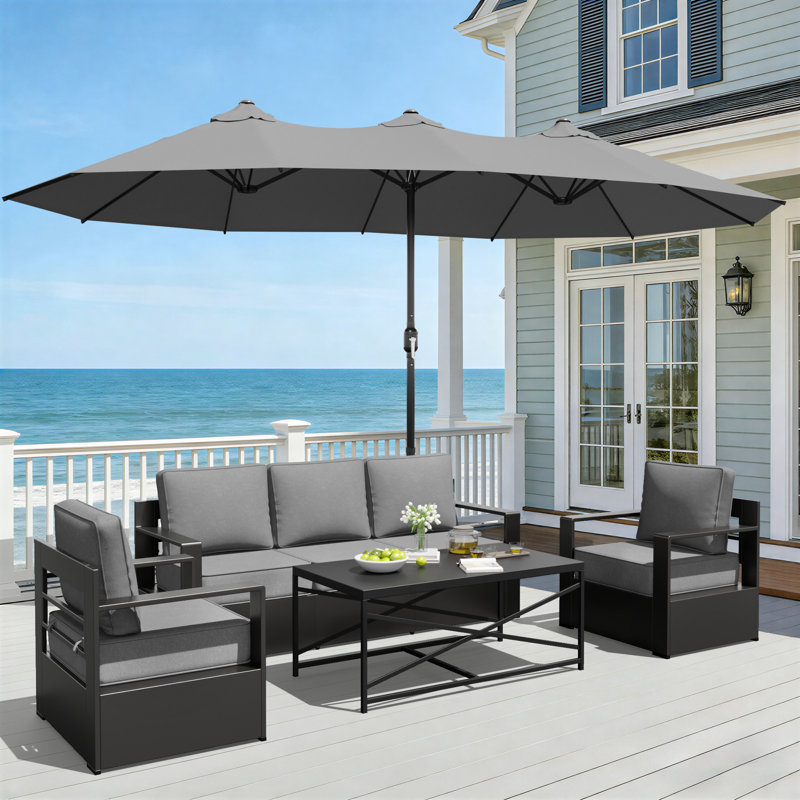 Ensemble de canapé d'extérieur, chaises et table basse en aluminium pour 5 personnes avec parasol et coussins gris, Gris