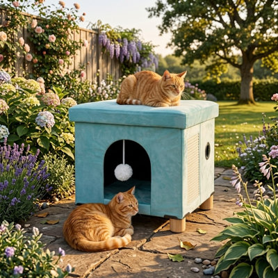 Foldable Cat Cave House with Scratch Board & Ball, Cat Cube, Green, 12.5x14.5x14.1"