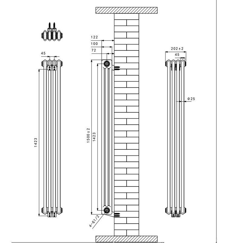 Valery Vertical Traditional 3 Column Cast Iron Style Designer Radiator, Anthracite, 150cm H x 20cm W